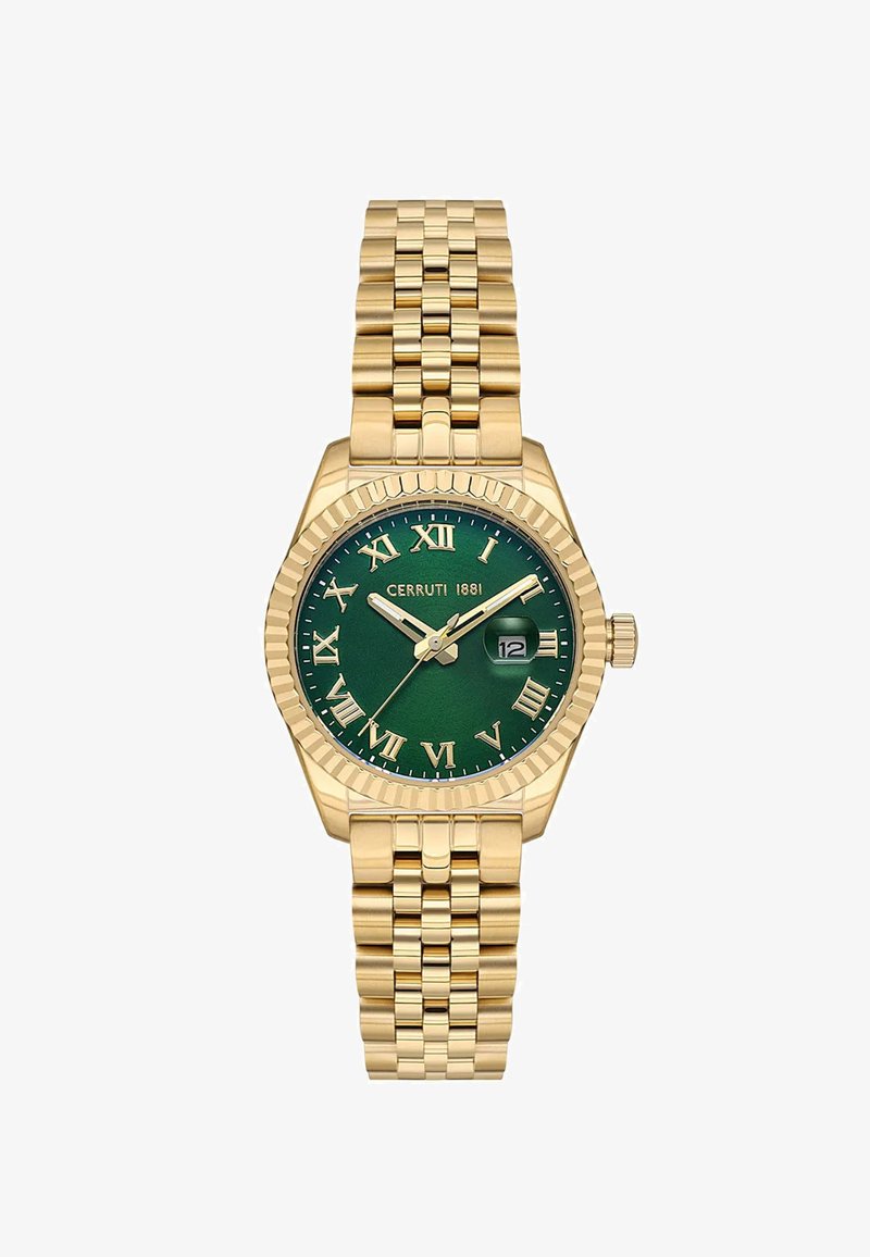 Reloj de pulsera de metal con tono dorado, esfera verde, números romanos, fecha a las 3 en punto y brazalete de eslabones dorados.