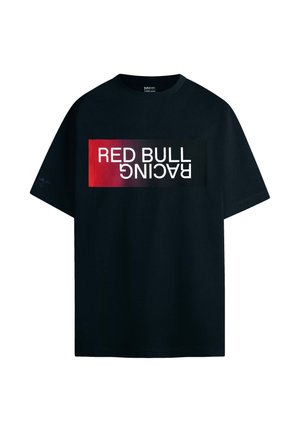 Črna bombažna majica s kratkimi rokavi, ki na prsih vsebuje pravokotno grafiko rdeče in bele barve z napisom "RED BULL RACING".