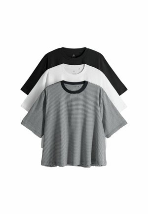 Drei T-Shirts: eines einfarbig schwarz, eines einfarbig weiß und eines schwarz-weiß gestreift, alle mit Rundhalsausschnitten und kurzen Ärmeln. Weiche Stofftextur.