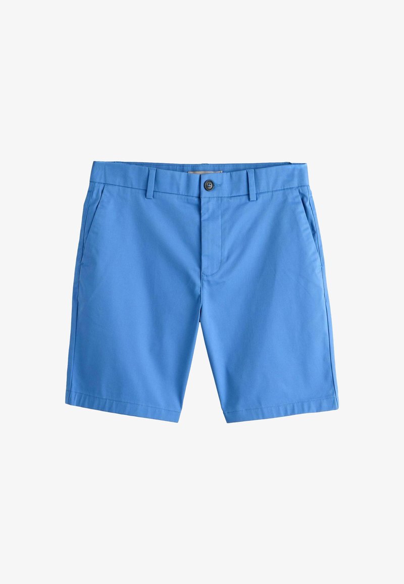 Shorts pour hommes bleu clair mi-cuisse avec passants pour ceinture, bouton avant, braguette à glissière et poches latérales sur fond blanc.