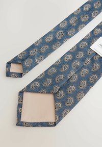Navy blue tie with a paisley pattern in beige and gold accents. Made of woven fabric with a smooth satin underside.