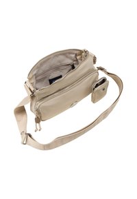 Borsa a tracolla in pelle beige con scomparto principale con zip, tasca frontale e tracolla regolabile a fantasia. Include una piccola pochette staccabile.