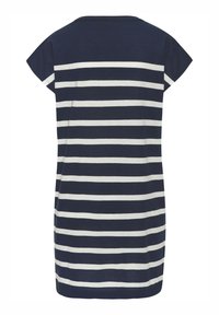 Navy ja valgete triipudega lühikeste varrukatega kleit, millel on ümara kaelusega ja lõdva istuvusega, valmistatud pehmest ja kergest kangast.