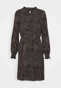 Vestido negro con mangas largas, escote con volantes y cintura con cordón. Presenta un patrón disperso en tonos marrón claro y beige a lo largo.