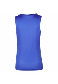 Siniset urheilulliset hihattomat toppit, jossa keltaiset sivukoristeet. Valmistettu hengittävästä, teksturoidusta kankaasta. Pyöreä pääntie ja suora helma.