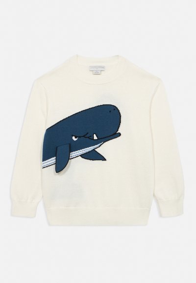 Pull à manches longues blanc avec un grand motif de baleine bleue à ventre rayé sur le devant.