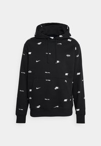 Sudadera negra con capucha hecha de tela suave que presenta varios logotipos y textos blancos de Nike por todo el diseño. Incluye un bolsillo frontal y capucha con cordón ajustable.