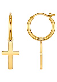 Orecchini a cerchio in tonalità oro con una finitura liscia e lucida, dotati di un ciondolo a forma di croce appeso a un orecchino. Design semplice e elegante.