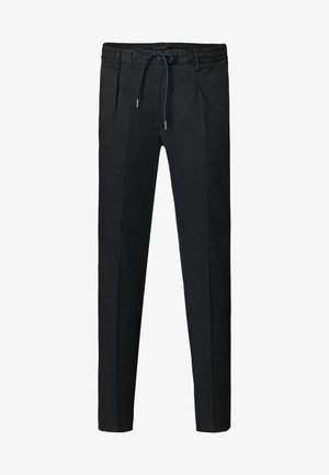 Pantaloni neri leggeri con vita elastica e cordino blu. Presentano due tasche frontali e un design a gamba affusolata.