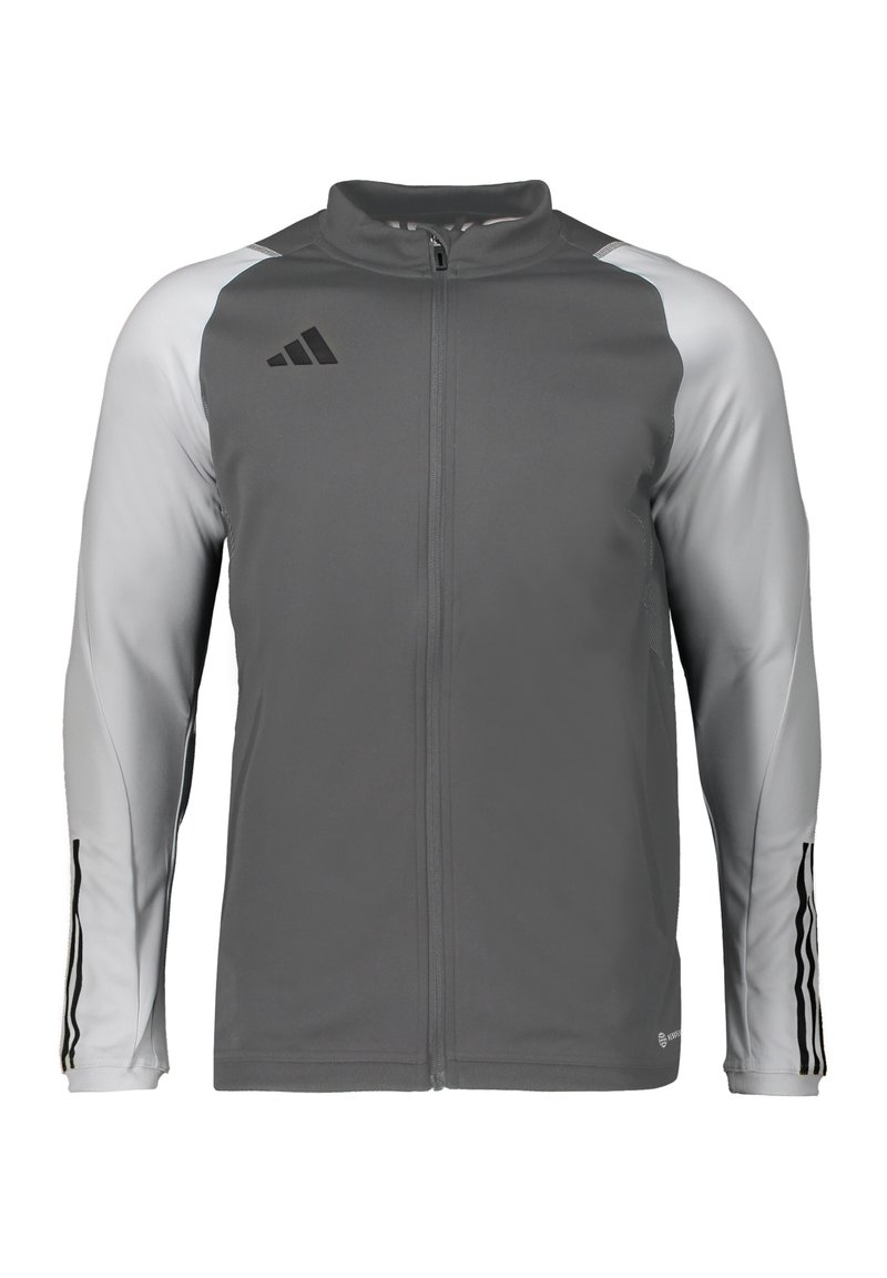 Grau Sportjacke mit durchgehendem Reißverschluss, kontrastierenden hellgrauen Ärmeln und schwarzen Streifenakzenten an den Ärmeln. Mit dem Adidas-Logo.