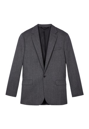 Jednorzędowa marynarka w ciemnoszarym kolorze z klapami z wcięciem, jednym czarnym guzikiem, dwoma przednimi kieszeniami z patkami oraz jedną piersiową kieszenią wsuwaną, na białym tle.