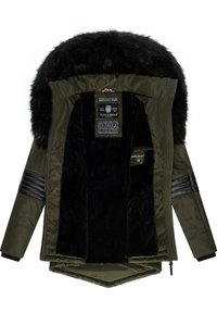 Olive green parka jacket with black faux fur hood, black interior lining, and black leather accents on sleeves. Zipper closure and tag visible.