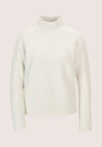 Weißer Strickpullover mit hohem, geripptem Kragen, Raglanärmeln und einem leicht lockeren Schnitt. Der Stoff hat eine strukturierte Oberfläche mit kleinen Sprenkeln.