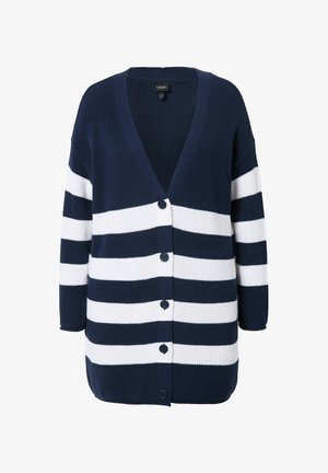 Marineblå og hvidstribet cardigan, åben front med v-hals, strikket tekstur, syv knaplukninger, lange ærmer, letvægtsstof.