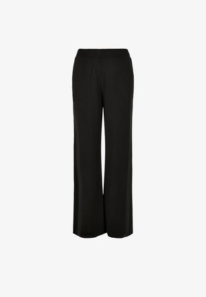 Pantalons noirs à jambes larges avec une taille élastique, fabriqués à partir d'un tissu lisse et doux. Présente un ajustement décontracté et un design long jusqu'au sol.