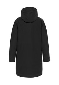 Parka negra larga con capucha. Presenta una textura suave y mate, corte recto y mangas con puños. Sin hardware visible ni patrones.