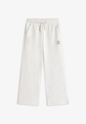 Svetlo sive široke trenirke z elastičnim pasom, vrvico za zategovanje, stranskimi žepi, majhno zvezdico blizu levega žepa in režami pri gležnjih.