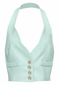 Mátově zelený halterneck crop top s výstřihem do V, dvěma bočními kapsami a pěti dekorativními stříbrnými knoflíky vpředu. Hladká textura.