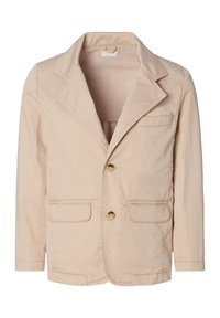 Beige katoenen blazer met een notch revers, twee frontzakken en twee gouden knopen. Het interieur heeft een gestreepte voering.