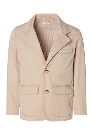 Beiger Baumwoll-Blazer mit Reverskragen, zwei Fronttaschen und zwei goldenen Knöpfen. Das Innere verfügt über ein vertikal gestreiftes Futter.