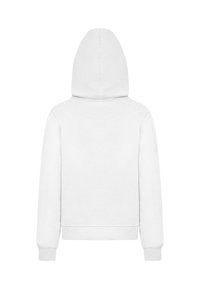 Fehér pamut kapucnis pulóver, hosszú ujjakkal, rugalmas mandzsettákkal és szegéllyel. Simaság jellemzi, minimalista dizájn, látható logók nélkül.