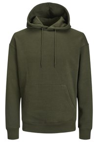 Olivegrüner Kapuzenpullover aus weichem Stoff. Mit einer Fronttasche, verstellbarem Kordelzug und gerippten Bündchen. Einfaches und funktionales Design.