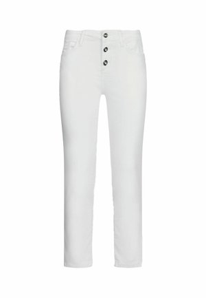 Pantalon en denim blanc à coupe droite, doté de trois boutons en métal à la taille, de poches avant et d'une texture lisse et sans embellissements.