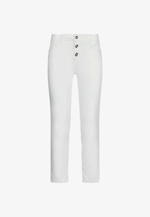 Pantaloni in denim bianco con taglio dritto, dotati di tre bottoni metallici in vita, tasche frontali e una superficie liscia e priva di decorazioni.