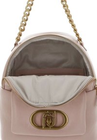 Sac en cuir rose pâle avec une anse en chaîne dorée, une ouverture zippée et un intérieur lisse comportant une poche plaquée et un accent de quincaillerie dorée.