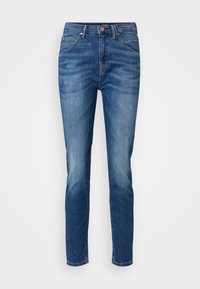 Blå denimjeans med slim fit, fem fickor, knappstängning och lätt blekning på benen för en avslappnad look.