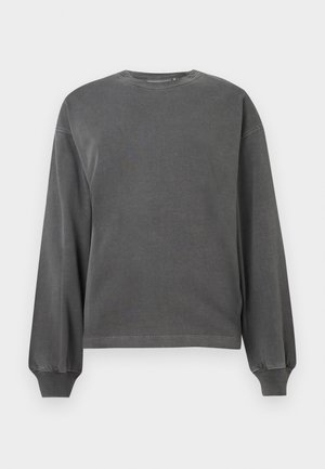 Szary długi rękaw sweter z okrągłym dekoltem, wykonany z miękkiej tkaniny. Posiada ściągacze na rękawach i luźny krój. Minimalistyczny design, brak wzorów.