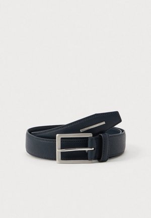 Coiled black textured leather belt with silver rectangular buckle and small metal plate engraved "Armani Exchange" on the strap.