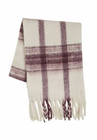 Manta de mezcla de lana con un patrón de cuadros en crema y púrpura, bordes con flecos, textura suave y forma rectangular.