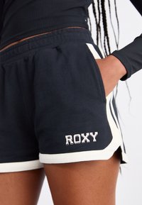 Pantalones cortos navy con cintura y acentos laterales en blanco, con el logo "ROXY" en costura blanca. Fabricados con un tejido suave y elástico, cuentan con bolsillos.