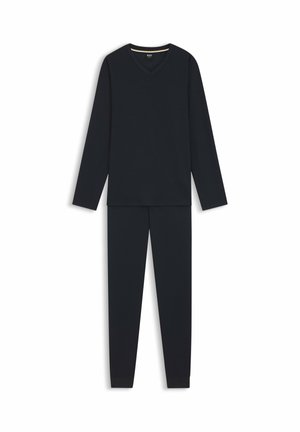Black thermal long-sleeve top with a v-neck and matching tapered pants, made from textured fabric, showing uniform color and fit.