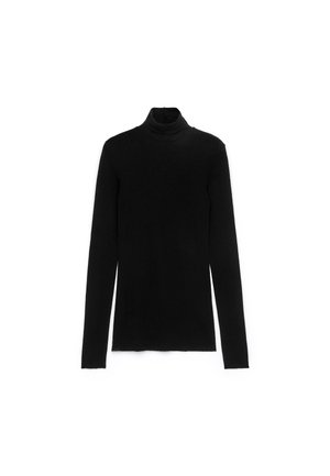 Schwarzes Rollkragenoberteil mit langen Ärmeln, gefertigt aus einem glatten Stoff. Hat ein figurbetontes Design mit Nähten entlang der Kanten und einem hohen Kragen.