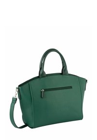 Sac à main en cuir vert foncé avec doubles anses, bandoulière amovible et une poche zippée à l'avant sur fond blanc.