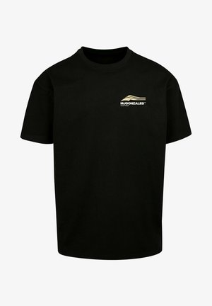 Black cotton t-shirt with a crew neck, featuring a small gold "MJGONZALES" logo and curved graphic on the left chest. Short sleeves.