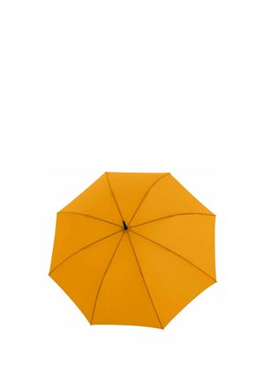Yellow eight-panel umbrella opened, viewed from above, with central black handle and metal ribs visible.