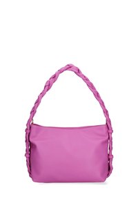 Borsa a tracolla in pelle rosa con manico intrecciato, forma tondeggiante, texture liscia e chiusura con zip. Presenta un design semplice e senza fronzoli.