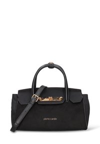 Zwarte handtas van suède en leer, met een gestructureerd ontwerp en een gesp van goudkleurig metaal, voorzien van een afneembare schouderriem.