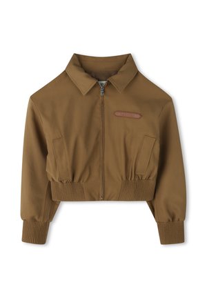 Cropped brown bomber jacket with a zip closure, collar, ribbed cuffs, side pocket, and a leather label with "LANVIN" on the front.