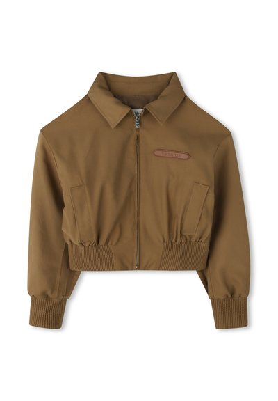 Gekürzte braune Bomberjacke mit einem Reißverschluss, Kragen, gerippten Bündchen, Seitentasche und einem Lederetikett mit "LANVIN" auf der Vorderseite.