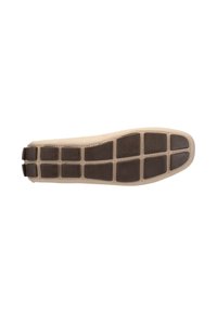 Suola della scarpa di colore beige con un motivo di grip in gomma marrone testurizzato. Presenta un design piatto ed allungato con divisioni segmentate per una migliore trazione.