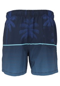 Shorts de bain bleu marine avec un motif de palmiers et des rayures horizontales en bleu clair. Présente une taille élastique et une poche latérale.