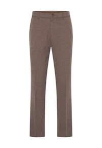 Brown, straight-leg trousers made of patterned fabric. Features a waistband with belt loops and a single button closure at the front.