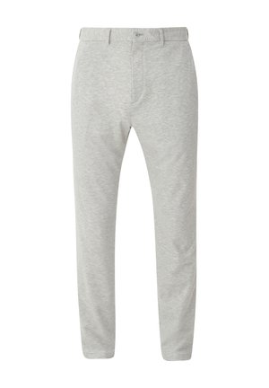 Pantaloni grigi chiari realizzati in morbido tessuto misto cotone. Presentano una chiusura con bottone, una zip frontale e un design a gamba dritta.