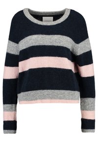 Svetr s dlouhým rukávem pletený s horizontálními pruhy v námořnické modré, světle šedé a jemně růžové, s kulatým výstřihem.