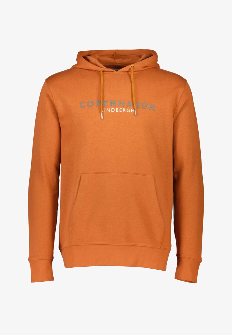 Orangene Kapuzenjacke mit einer Front-Kängurutasche, Kordelzug-Kapuze und dem Schriftzug "Copenhagen Lindbergh" in Grau über der Brust. Weicher Stoff.