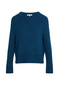Donkerblauwe gebreide trui met een gestructureerd patroon, ronde halslijn en lange mouwen. Beschikt over geribde manchetten en onderrand. Zachte stofafwerking.